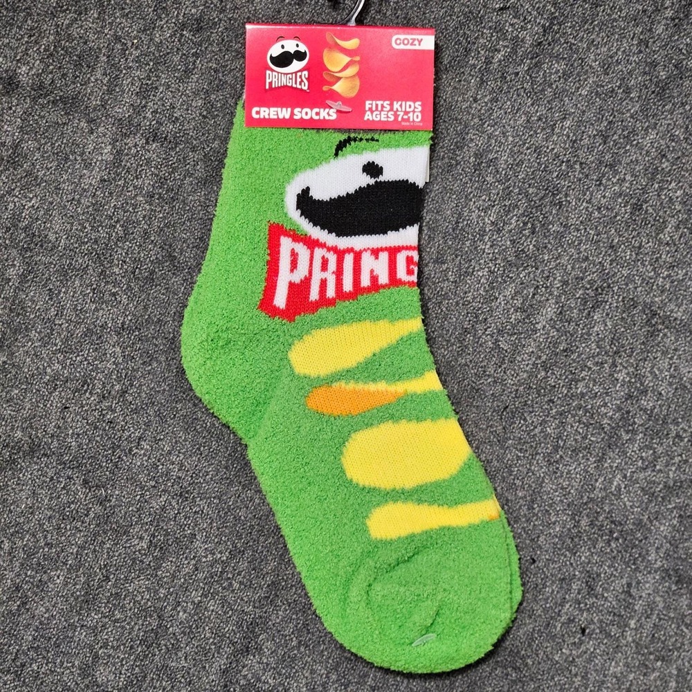 Pringles Cozy Crew Socks Kids Ages 7-10 Green‎ Chenille Chip Character